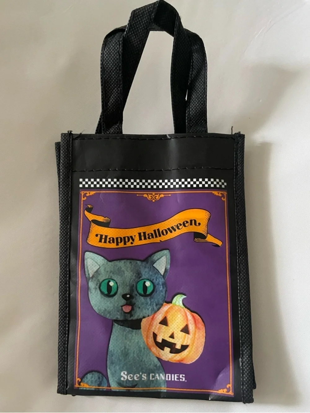 Rare See's Candies‎ Vintage Halloween Reusable Mini Gift Tote Bag Black Cat Owl